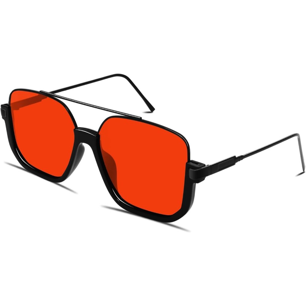 Unisex Black Frame - Red Lens Oversized Aviator Sunglasses For Square Double